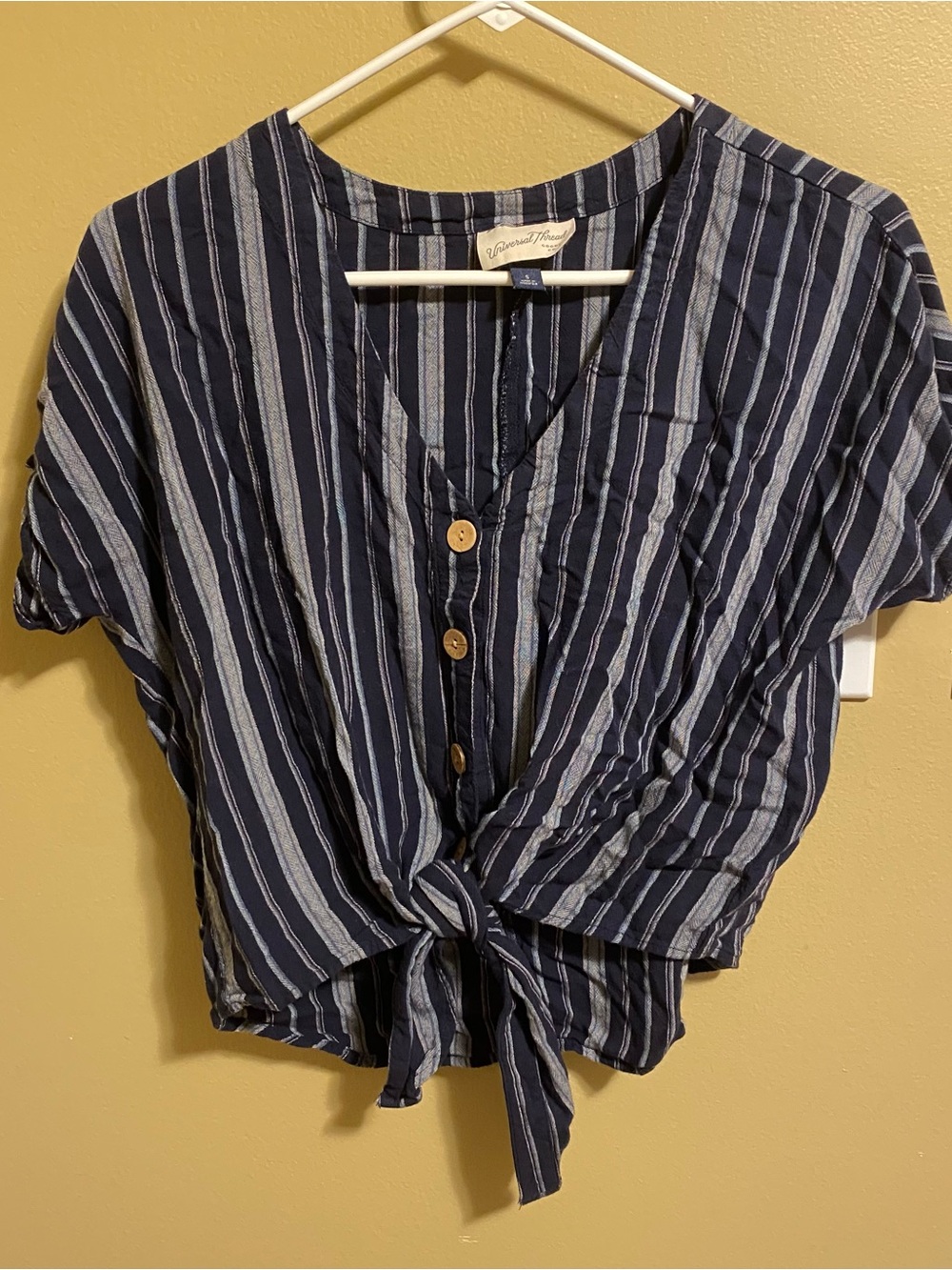 Blue and gray striped short sleeve button up with tie detail